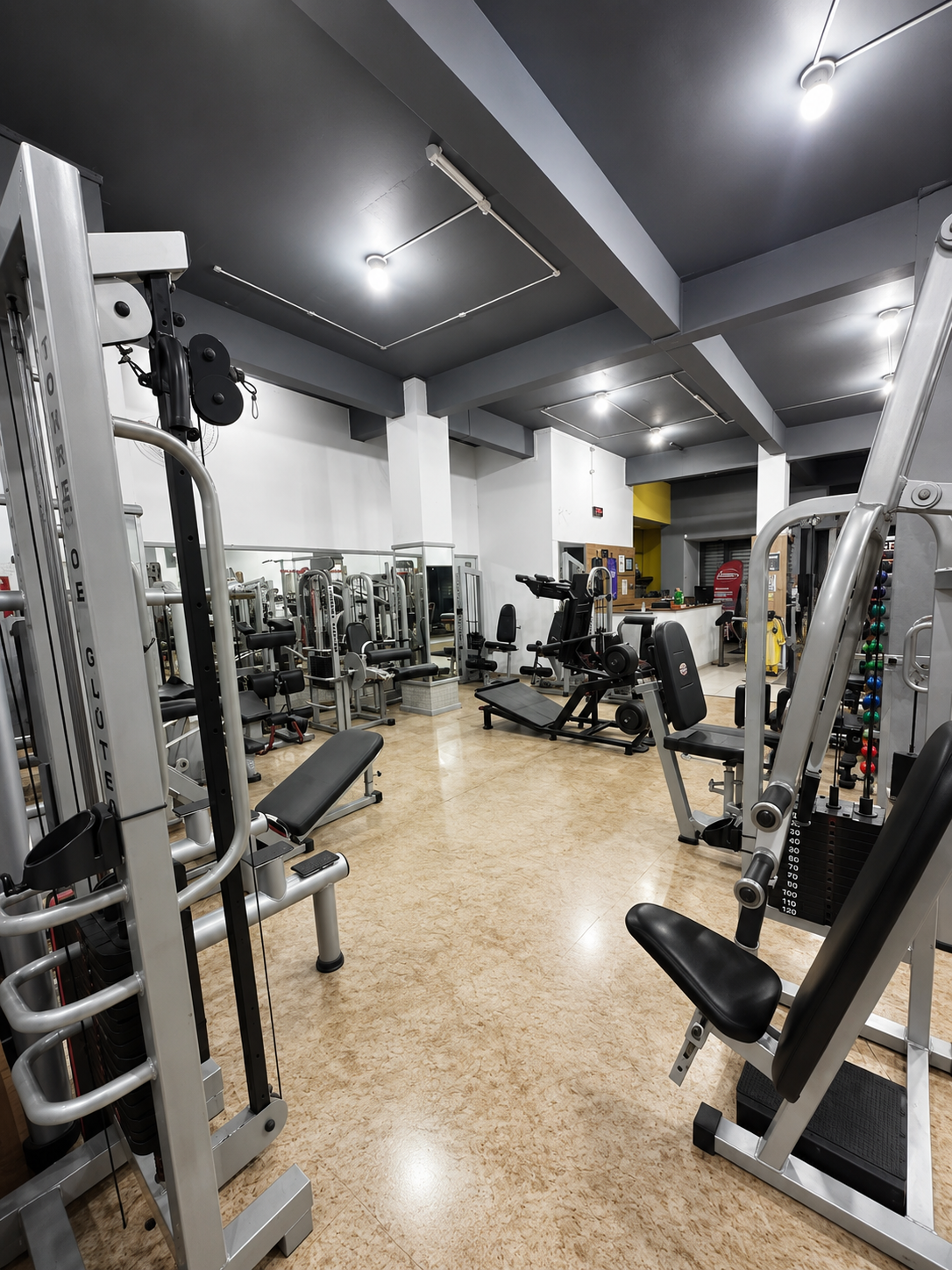 Sala de musculação com equipamentos profissionais